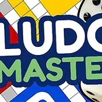 Logo colorido con la palabra Ludo Master, dados y un tablero de colores en el fondo