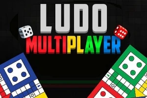 Dados sobre tableros de colores azul, rojo, verde y amarillo con la palabra LUDO MULTIPLAYER en el centro sobre un fondo oscuro