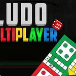 Dados sobre tableros de colores azul, rojo, verde y amarillo con la palabra LUDO MULTIPLAYER en el centro sobre un fondo oscuro