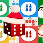Dado rojo con gorro navideño, tablero de juego de colores y figuras de pingüino y Santa Claus