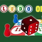 Un tablero de juego con peones de colores, un dado rojo en el centro y las palabras Ludo Online en la parte superior
