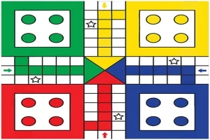 Tablero con casillas de colores rojo, verde, amarillo y azul en un diseño cruciforme