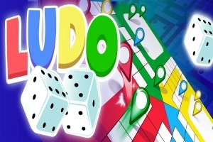 Dados y tablero colorido con fichas triangulares sobre un fondo azul y la palabra LUDO en letras grandes