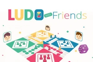 Tablero de juego de colores vivos con fichas y avatares sonrientes, acompañado de un dado púrpura