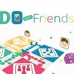 Tablero de juego de colores vivos con fichas y avatares sonrientes, acompañado de un dado púrpura