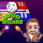 Personajes de magos coloridos junto a un tablero de juego y un dado grande, con el texto Ludo Wizard en el centro