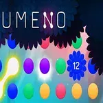 Coloridas esferas iluminadas conectadas en el centro de un fondo oscuro con el texto LUMENO en la parte superior