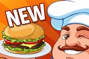 Chef caricaturizado guiñando un ojo mientras sostiene un plato con una hamburguesa nueva