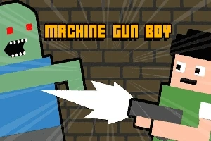 Personaje pixelado disparando una ametralladora a un monstruo verde con ojos rojos frente a un fondo de ladrillos, con el texto Machine Gun Boy arriba