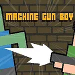 Personaje pixelado disparando una ametralladora a un monstruo verde con ojos rojos frente a un fondo de ladrillos, con el texto Machine Gun Boy arriba