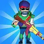 Personaje animado sosteniendo un arma colorida con fondo azul y rayos de luz