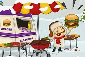 Personaje animado cocinero sostiene una hamburguesa gigante junto a una parrilla y un colorido puesto de comida en un paisaje nevado