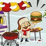 Personaje animado cocinero sostiene una hamburguesa gigante junto a una parrilla y un colorido puesto de comida en un paisaje nevado