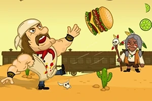 Un personaje musculoso lanza una hamburguesa en el aire en un paisaje desértico con un tren al fondo y un anciano con un bastón decorado a la derecha