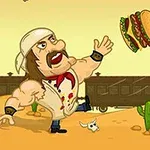 Un personaje musculoso lanza una hamburguesa en el aire en un paisaje desértico con un tren al fondo y un anciano con un bastón decorado a la derecha