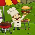 Chef alegre cocinando hamburguesas en una parrilla al aire libre frente a una caravana de comida y mesas de picnic