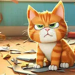 Gato anaranjado de aspecto enfadado rodeado de papel desgarrado en una habitación