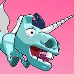 Un unicornio azul volando con alas y expresión cómica sobre un fondo rosa