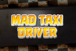 Texto Mad Taxi Driver en letras amarillas y blancas sobre un fondo oscuro con un patrón de tablero de ajedrez en los bordes