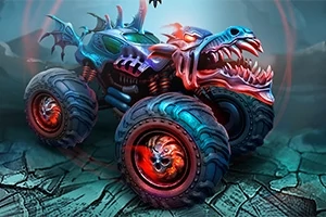 Mad Truck Challenge Camión monstruo con diseño de dragón, colores vibrantes y llantas grandes en un paisaje rocoso