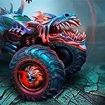 Mad Truck Challenge Camión monstruo con diseño de dragón, colores vibrantes y llantas grandes en un paisaje rocoso