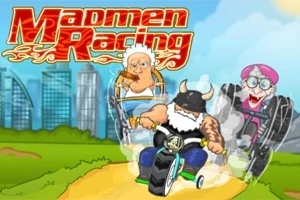Dos personajes caricaturescos, uno en triciclo vikingo y otro en una silla de ruedas, compiten en una carrera en un paisaje urbano
