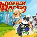 Dos personajes caricaturescos, uno en triciclo vikingo y otro en una silla de ruedas, compiten en una carrera en un paisaje urbano