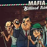 Personajes caricaturescos al estilo mafioso posan con tacos de billar en un ambiente de salón de juegos