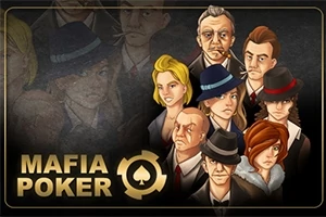 Ilustración de varios personajes con vestimenta de época relacionados con la temática de la mafia, acompañados por el texto Mafia Poker