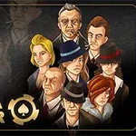 Ilustración de varios personajes con vestimenta de época relacionados con la temática de la mafia, acompañados por el texto Mafia Poker