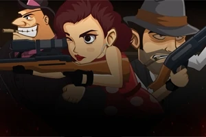 Tres personajes animados con armas, entre ellos una mujer y dos hombres vestidos con estilo de gánster