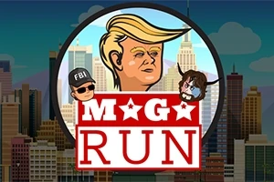 Caricatura de un personaje rubio con tres bustos en un fondo de ciudad y texto MAGA RUN