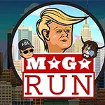 Caricatura de un personaje rubio con tres bustos en un fondo de ciudad y texto MAGA RUN