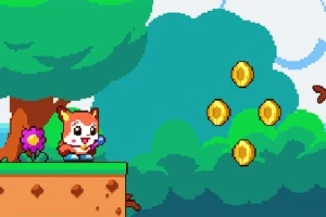 Un personaje de zorro en un entorno de bosque pixelado junto a una flor y monedas flotantes doradas
