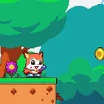 Un personaje de zorro en un entorno de bosque pixelado junto a una flor y monedas flotantes doradas