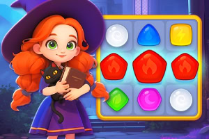 Niña pelirroja con sombrero de bruja sosteniendo un gato negro y un libro, junto a un tablero de juego de rompecabezas colorido