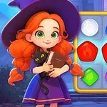 Niña pelirroja con sombrero de bruja sosteniendo un gato negro y un libro, junto a un tablero de juego de rompecabezas colorido