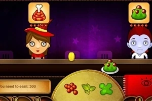 Dos personajes, uno vestido de manera colorida y otro de piel azul, en un mostrador con monedas y platos de comida animada