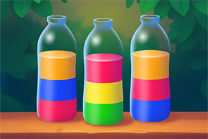 Tres frascos de vidrio sobre una mesa, cada uno con capas de líquido de colores brillantes, con fondo de hojas verdes
