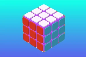 Cubo tridimensional de colores brillantes con caras roja, azul y blanca sobre un fondo degradado azul