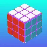 Cubo tridimensional de colores brillantes con caras roja, azul y blanca sobre un fondo degradado azul