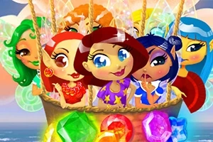 Grupo de personajes de dibujos animados dentro de un globo aerostático adornado con joyas coloridas