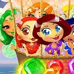 Grupo de personajes de dibujos animados dentro de un globo aerostático adornado con joyas coloridas