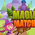 Una caricatura de una niña bruja sonriente junto a un gato, con un castillo y árboles en el fondo, y el texto MAGIC MATCH en letras grandes