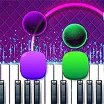 Teclado de piano digital con bloques de colores brillantes y esferas sobre un fondo con diseño geométrico y luces