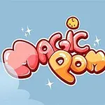 Título colorido Magic Pom con personajes de animales felices flotando en un cielo azul