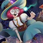 Una joven bruja de cabello rojo y gafas, con sombrero grande, viste ropa medieval y sostiene una varita mágica en un ambiente lleno de colores y magia