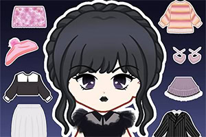 Personaje chibi de cabello negro con varias opciones de ropa y accesorios coloridos alrededor