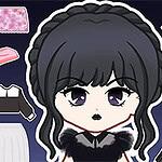 Personaje chibi de cabello negro con varias opciones de ropa y accesorios coloridos alrededor