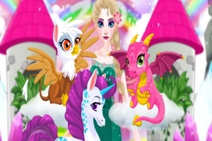 Una escena colorida con una mujer rodeada de criaturas mágicas como un unicornio, un dragón rosado y un grifo frente a un castillo de torres rosadas con un fondo de arcoíris
